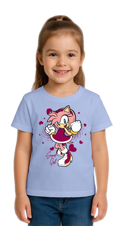 Unisex Sonic Super Girl Baskılı Çocuk Tişört pamuklu penye kumaş