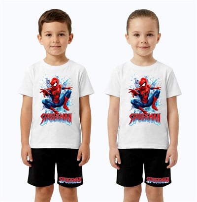 Unisex Spiderman baskılı Çocuk Tişört siyah Şortlu Takım pamuklu penye kumaş