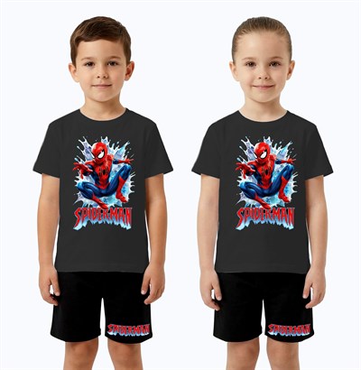 Unisex Spiderman baskılı Çocuk Tişört siyah Şortlu Takım pamuklu penye kumaş