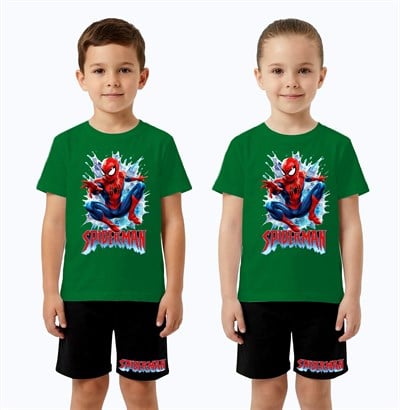 Unisex Spiderman baskılı Çocuk Tişört siyah Şortlu Takım pamuklu penye kumaş