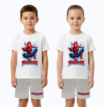 Unisex Spiderman baskılı Çocuk Tişört gri Şortlu Takım pamuklu penye kumaş