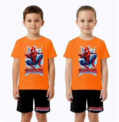 Unisex Spiderman baskılı Çocuk Tişört siyah Şortlu Takım pamuklu penye kumaş