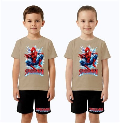 Unisex Spiderman baskılı Çocuk Tişört siyah Şortlu Takım pamuklu penye kumaş