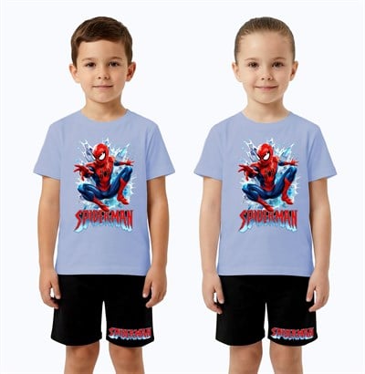 Unisex Spiderman baskılı Çocuk Tişört siyah Şortlu Takım pamuklu penye kumaş