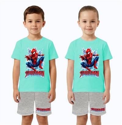 Unisex Spiderman baskılı Çocuk Tişört gri Şortlu Takım pamuklu penye kumaş