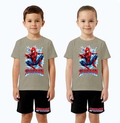 Unisex Spiderman baskılı Çocuk Tişört siyah Şortlu Takım pamuklu penye kumaş