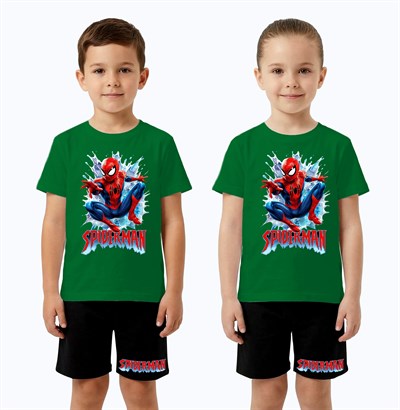 Unisex Spiderman baskılı Çocuk Tişört siyah Şortlu Takım pamuklu penye kumaş