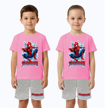 Unisex Spiderman baskılı Çocuk Tişört gri Şortlu Takım pamuklu penye kumaş