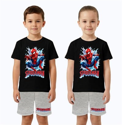 Unisex Spiderman baskılı Çocuk Tişört gri Şortlu Takım pamuklu penye kumaş
