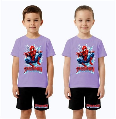 Unisex Spiderman baskılı Çocuk Tişört siyah Şortlu Takım pamuklu penye kumaş