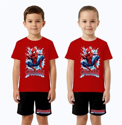Unisex Spiderman baskılı Çocuk Tişört siyah Şortlu Takım pamuklu penye kumaş