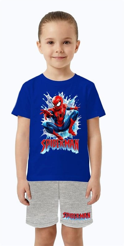 Unisex Spiderman baskılı Çocuk Tişört gri Şortlu Takım pamuklu penye kumaş