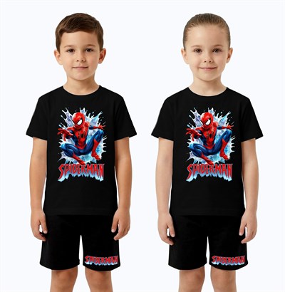 Unisex Spiderman baskılı Çocuk Tişört siyah Şortlu Takım pamuklu penye kumaş