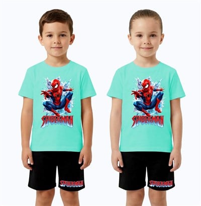 Unisex Spiderman baskılı Çocuk Tişört siyah Şortlu Takım pamuklu penye kumaş