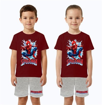 Unisex Spiderman baskılı Çocuk Tişört gri Şortlu Takım pamuklu penye kumaş