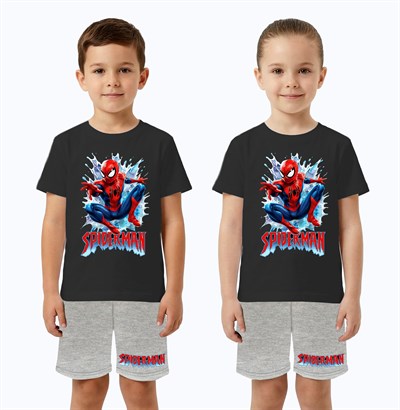 Unisex Spiderman baskılı Çocuk Tişört gri Şortlu Takım pamuklu penye kumaş