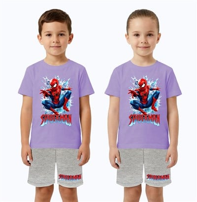 Unisex Spiderman baskılı Çocuk Tişört gri Şortlu Takım pamuklu penye kumaş