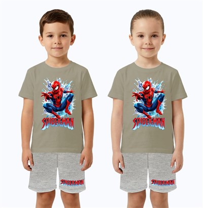 Unisex Spiderman baskılı Çocuk Tişört gri Şortlu Takım pamuklu penye kumaş