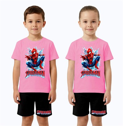 Unisex Spiderman baskılı Çocuk Tişört siyah Şortlu Takım pamuklu penye kumaş