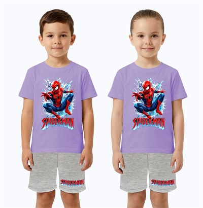 Unisex Spiderman baskılı Çocuk Tişört gri Şortlu Takım pamuklu penye kumaş