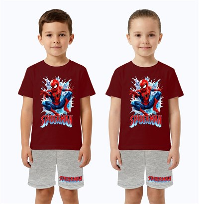 Unisex Spiderman baskılı Çocuk Tişört gri Şortlu Takım pamuklu penye kumaş