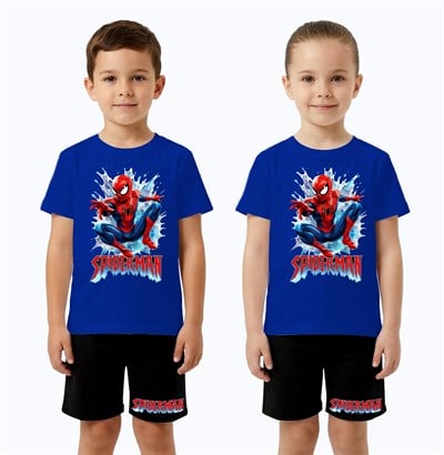 Unisex Spiderman baskılı Çocuk Tişört siyah Şortlu Takım pamuklu penye kumaş