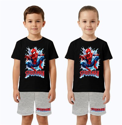 Unisex Spiderman baskılı Çocuk Tişört gri Şortlu Takım pamuklu penye kumaş