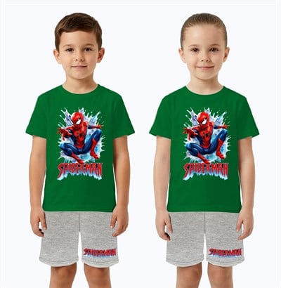 Unisex Spiderman baskılı Çocuk Tişört gri Şortlu Takım pamuklu penye kumaş
