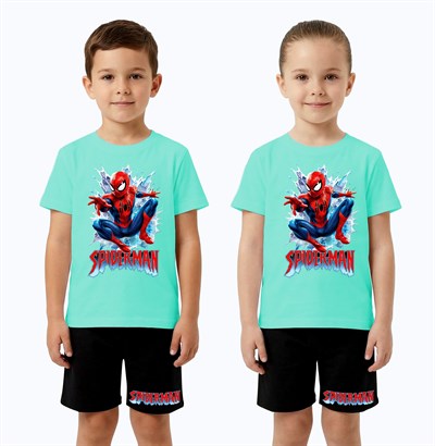 Unisex Spiderman baskılı Çocuk Tişört siyah Şortlu Takım pamuklu penye kumaş