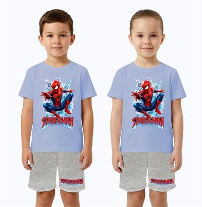 Unisex Spiderman baskılı Çocuk Tişört gri Şortlu Takım pamuklu penye kumaş