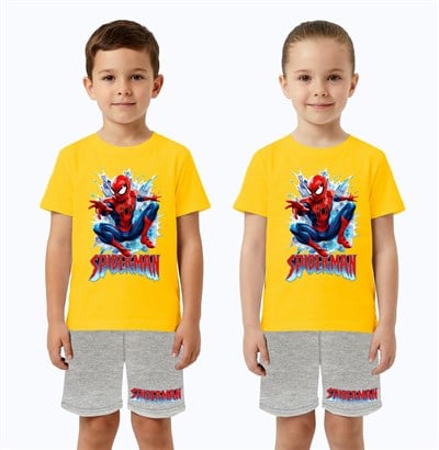 Unisex Spiderman baskılı Çocuk Tişört gri Şortlu Takım pamuklu penye kumaş