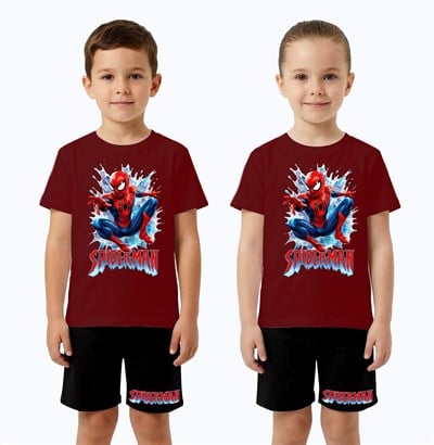 Unisex Spiderman baskılı Çocuk Tişört siyah Şortlu Takım pamuklu penye kumaş