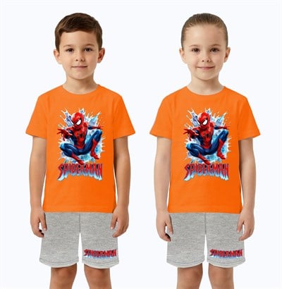 Unisex Spiderman baskılı Çocuk Tişört gri Şortlu Takım pamuklu penye kumaş