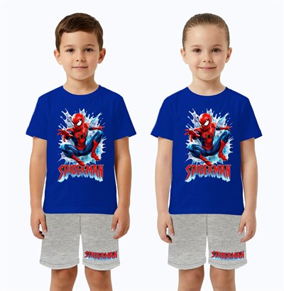 Unisex Spiderman baskılı Çocuk Tişört gri Şortlu Takım pamuklu penye kumaş