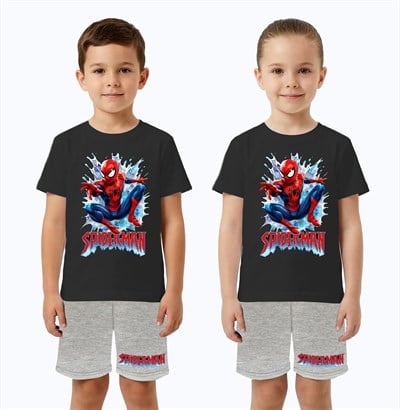 Unisex Spiderman baskılı Çocuk Tişört gri Şortlu Takım pamuklu penye kumaş