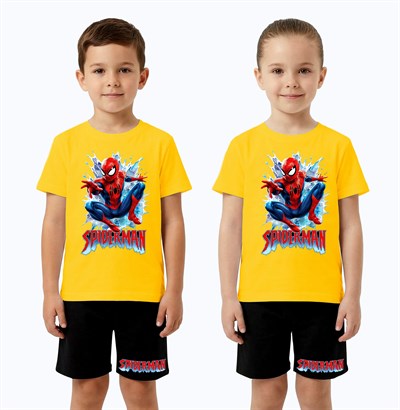 Unisex Spiderman baskılı Çocuk Tişört siyah Şortlu Takım pamuklu penye kumaş