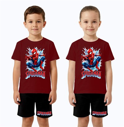 Unisex Spiderman baskılı Çocuk Tişört siyah Şortlu Takım pamuklu penye kumaş