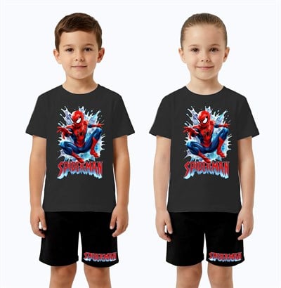 Unisex Spiderman baskılı Çocuk Tişört siyah Şortlu Takım pamuklu penye kumaş