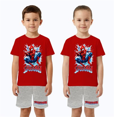 Unisex Spiderman baskılı Çocuk Tişört gri Şortlu Takım pamuklu penye kumaş