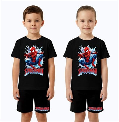 Unisex Spiderman baskılı Çocuk Tişört siyah Şortlu Takım pamuklu penye kumaş