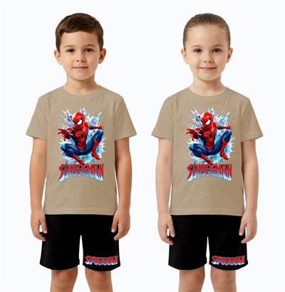 Unisex Spiderman baskılı Çocuk Tişört siyah Şortlu Takım pamuklu penye kumaş