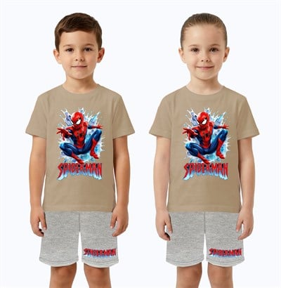 Unisex Spiderman baskılı Çocuk Tişört gri Şortlu Takım pamuklu penye kumaş