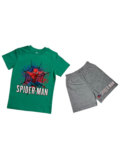 unisex Spiderman baskılı pamuklu kumaş kısa kollu şortlu ikili çocuk takımı