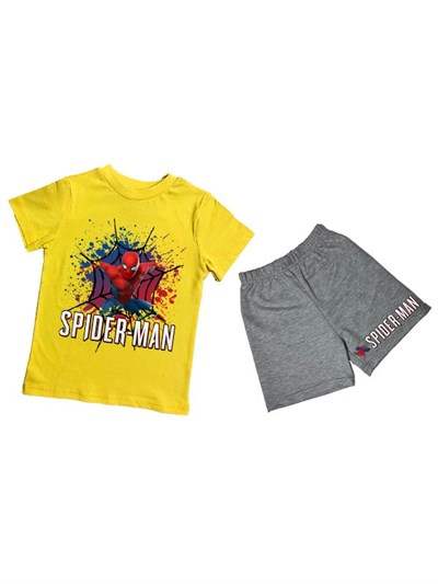 unisex Spiderman baskılı pamuklu kumaş kısa kollu şortlu ikili çocuk takımı