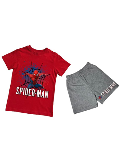 unisex Spiderman baskılı pamuklu kumaş kısa kollu şortlu ikili çocuk takımı