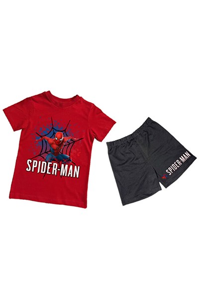 unisex Spiderman baskılı pamuklu kumaş kısa kollu şortlu ikili çocuk takımı