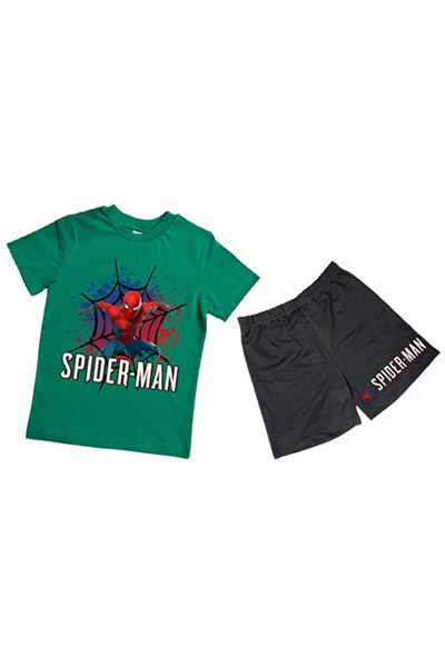 unisex Spiderman baskılı pamuklu kumaş kısa kollu şortlu ikili çocuk takımı