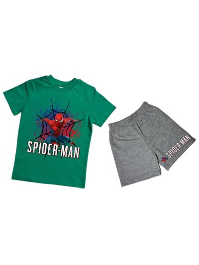 unisex Spiderman baskılı pamuklu kumaş kısa kollu şortlu ikili çocuk takımı