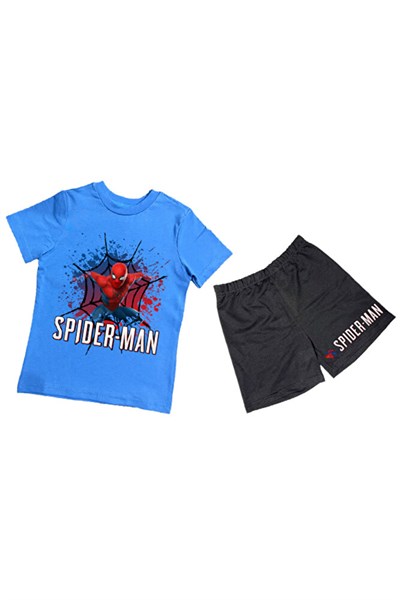 unisex Spiderman baskılı pamuklu kumaş kısa kollu şortlu ikili çocuk takımı