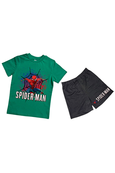unisex Spiderman baskılı pamuklu kumaş kısa kollu şortlu ikili çocuk takımı